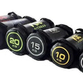 Flat white PVC gym sandbag for weight training, shown with weight options from 5kg to 30kg.