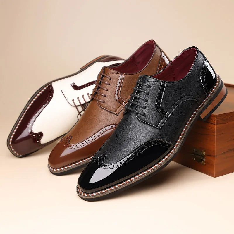 Men's black pointed toe PU leather low-top business casual shoes on white background