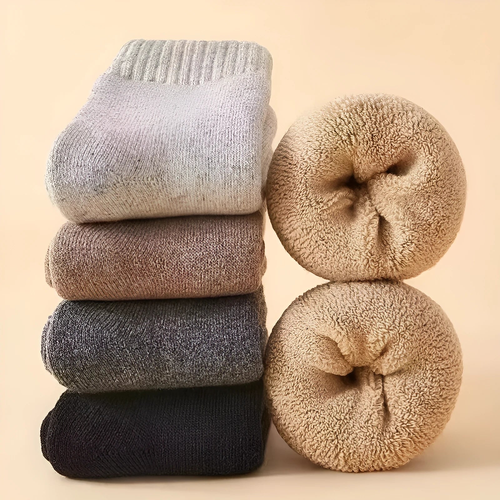 Two pairs of thick merino wool winter socks in solid colours showing midsole construction