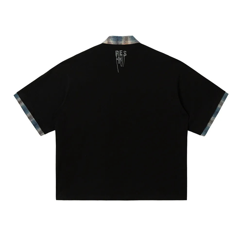 Men's loose blue cotton top with graffiti print on lapel and asymmetrical streetwear design.
