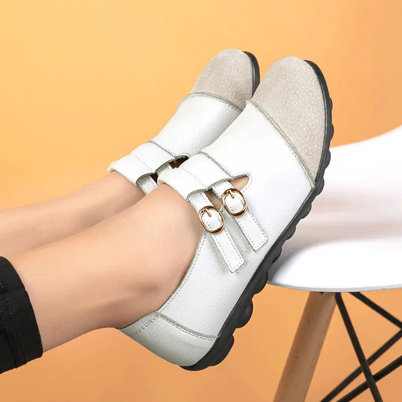 Button brand casual leather flat shoes with a Velcro strap, shown in multiple colours on a white background.