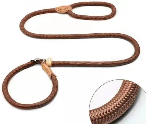 Brown nylon dog leash with P chain attachment measuring 2.1 metres in length