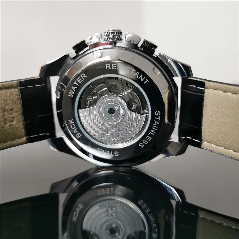Men's automatic mechanical watch showing 12mm thickness with black steel, natural silver, and gold steel colour options
