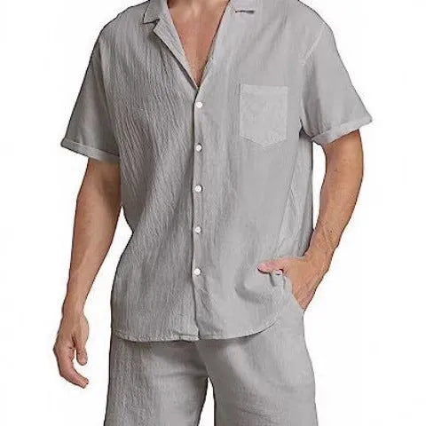 Men's flax summer sports suit with short sleeves and matching shorts in multiple colour options