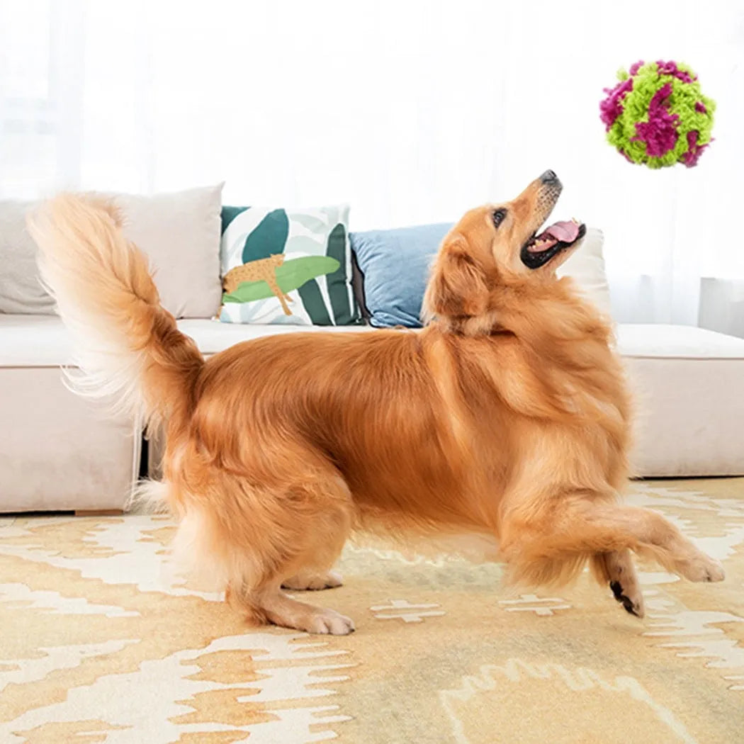 Purple soft plush dog knot ball toy with seaweed ball design measuring 15cm diameter