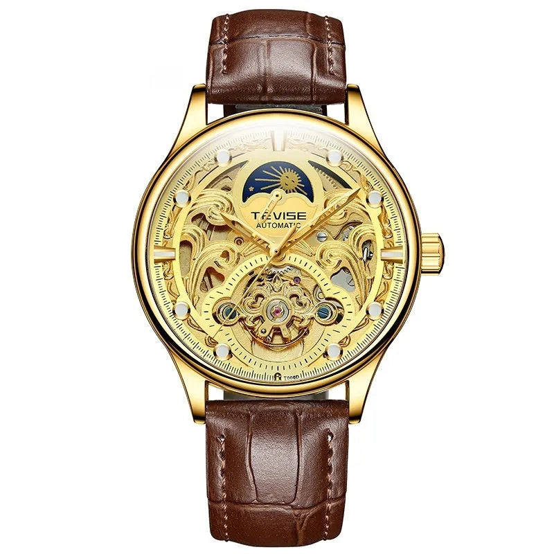 Men's automatic mechanical watch with leather strap in gold or white colour, 16mm case thickness
