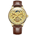 Men's automatic mechanical watch with leather strap in gold or white colour, 16mm case thickness