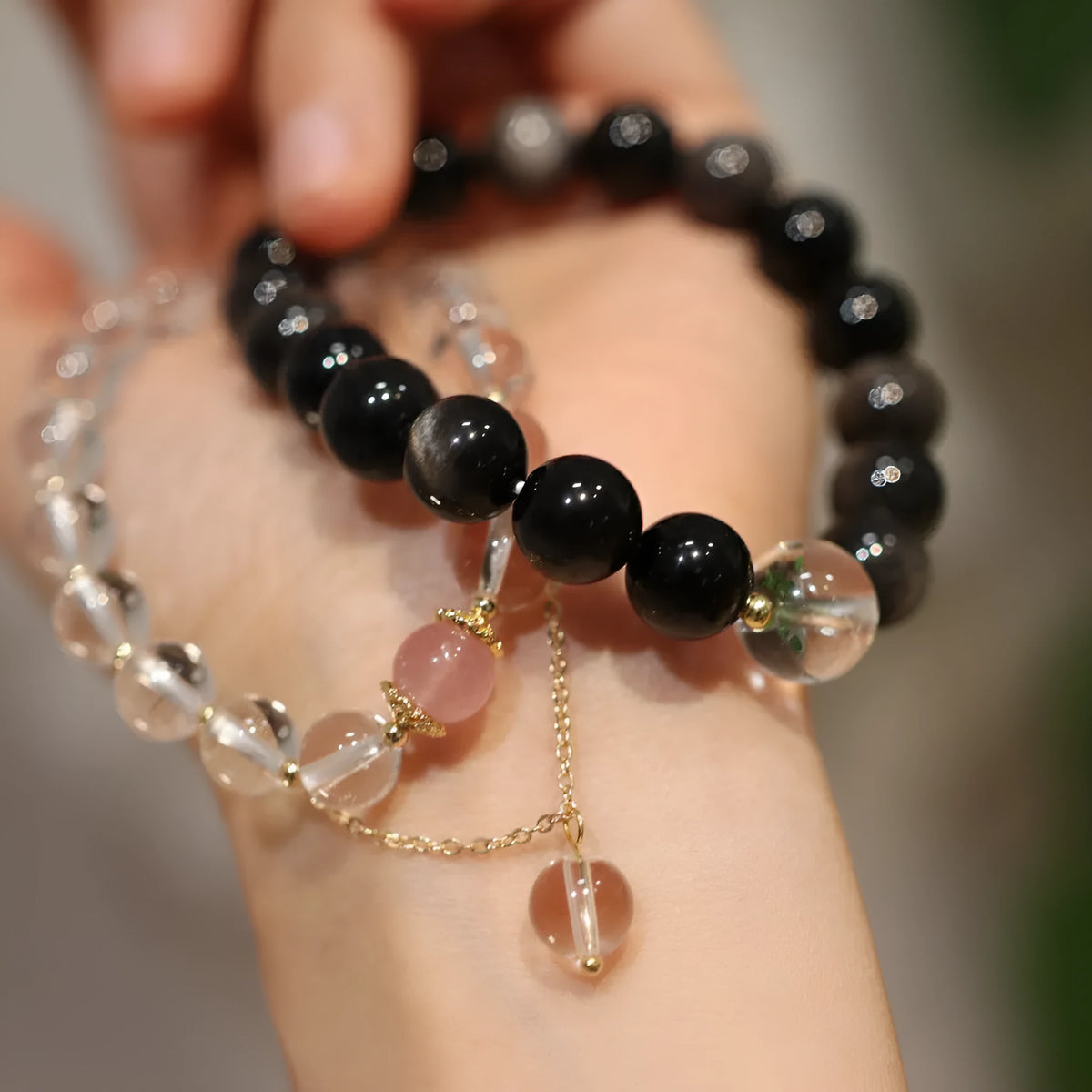 White crystal bracelet in 8mm and 10mm bead options with geometric Chinese style and auspicious patterns