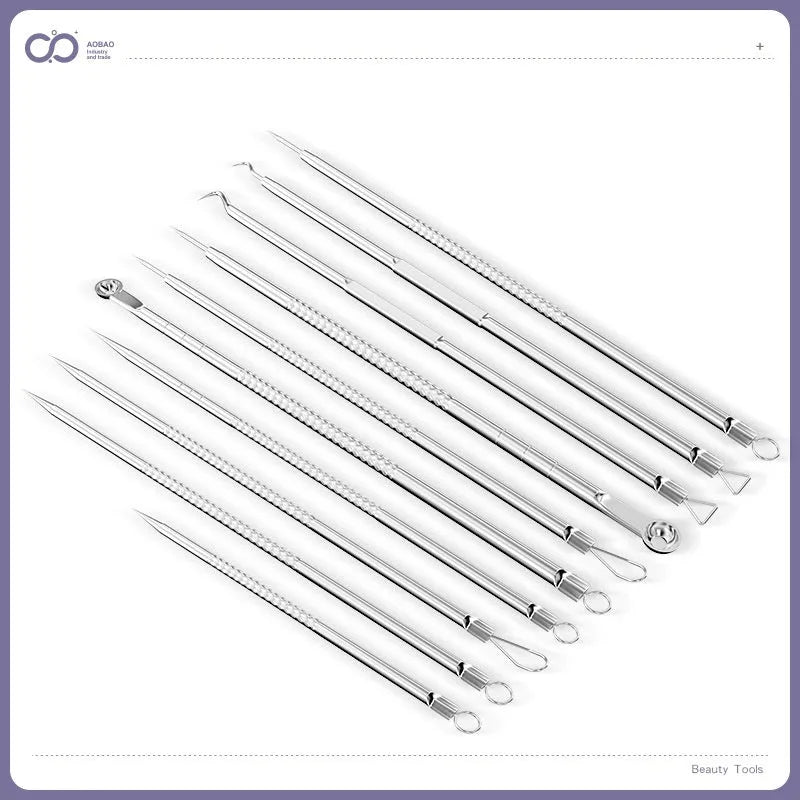 Four-piece metal acne needle set with ultra-fine pointed tips and clips on a white background