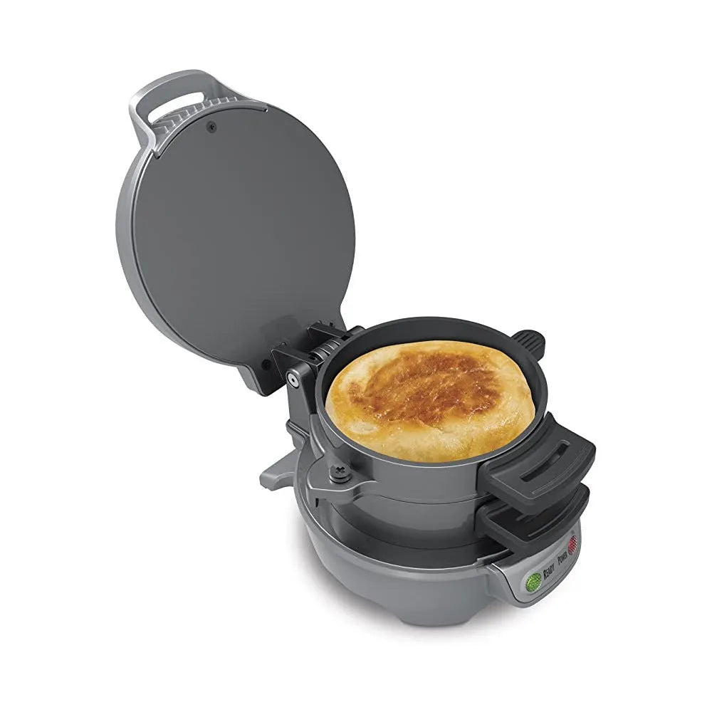 Breakfast machine sandwich maker with egg cooker ring and waffle plates in red, orange or grey