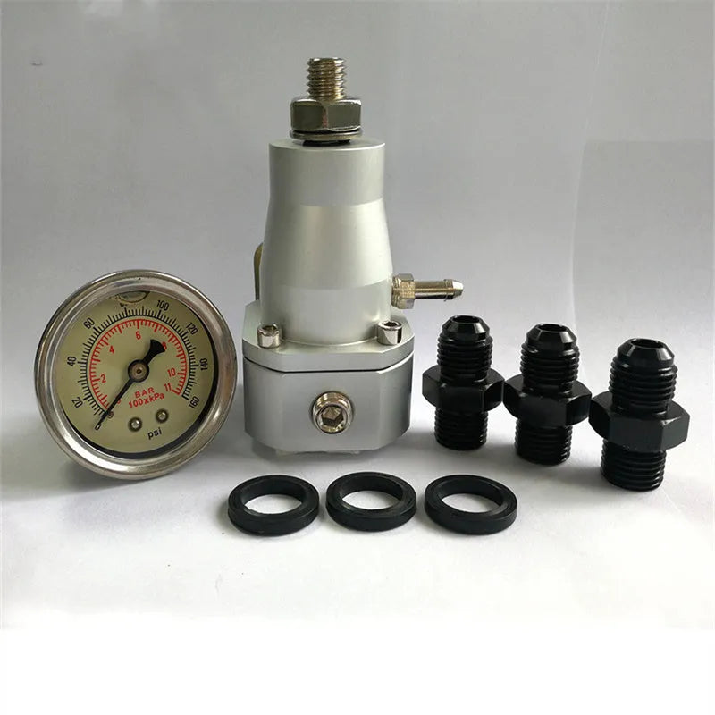 Aluminium fuel pressure regulator with adjustable pressure gauge and mounting oil strap