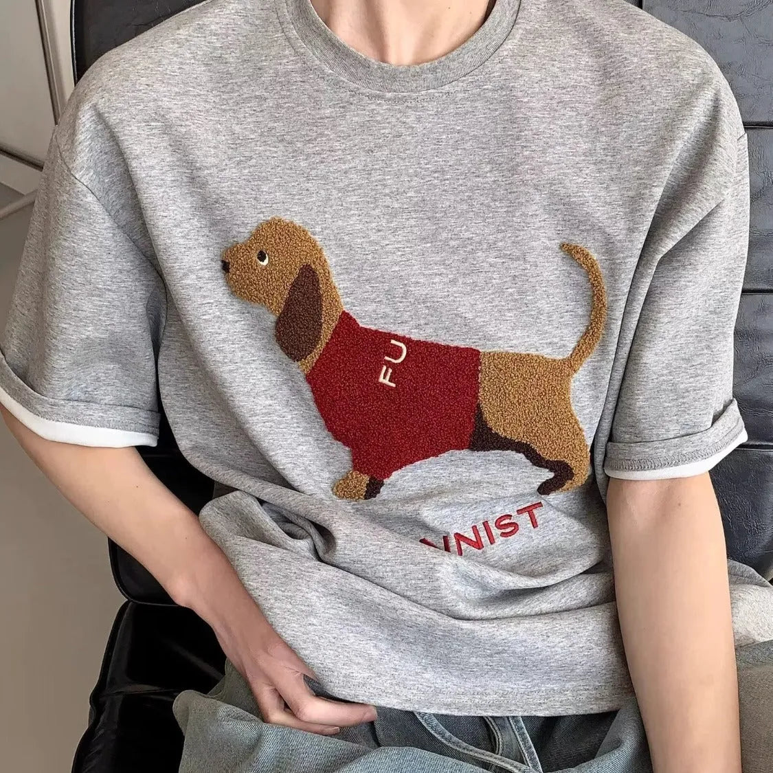 Men's grey cotton T-shirt with embroidered sausage dog design on front