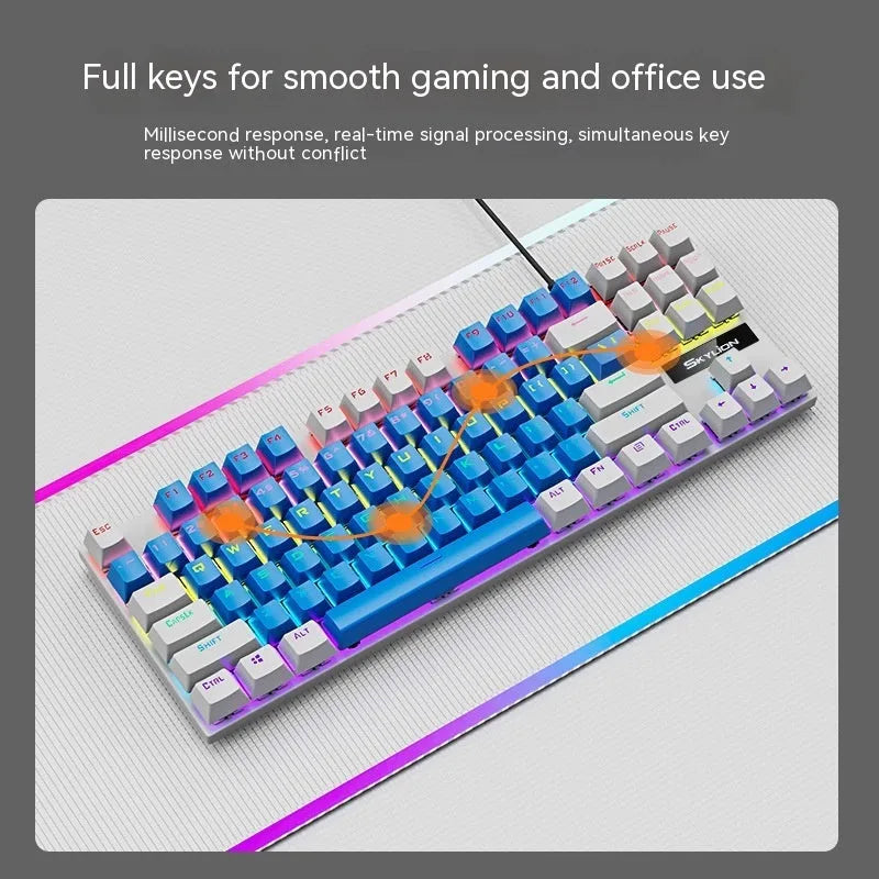 K87 mechanical wired keyboard with metal frame, 1.4m cable, shown in selected colour with Green or Red switches.