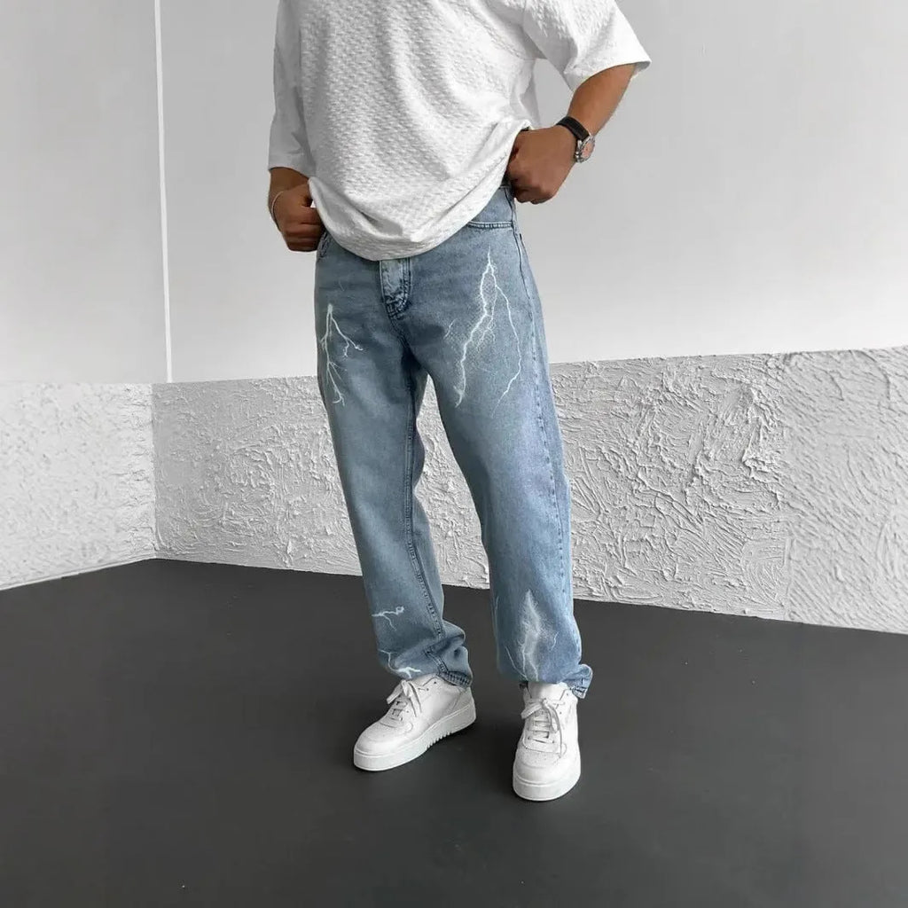 Blue men's straight-leg denim jeans with mid-waist design and zipper fly closure