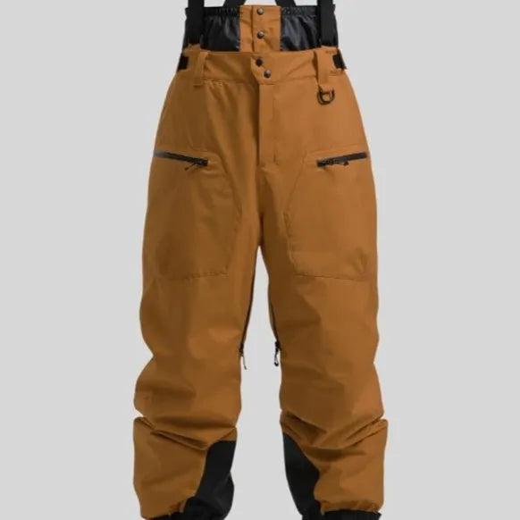 Men's black waterproof ski pants with a thickened strap detail, made from linen fabric.