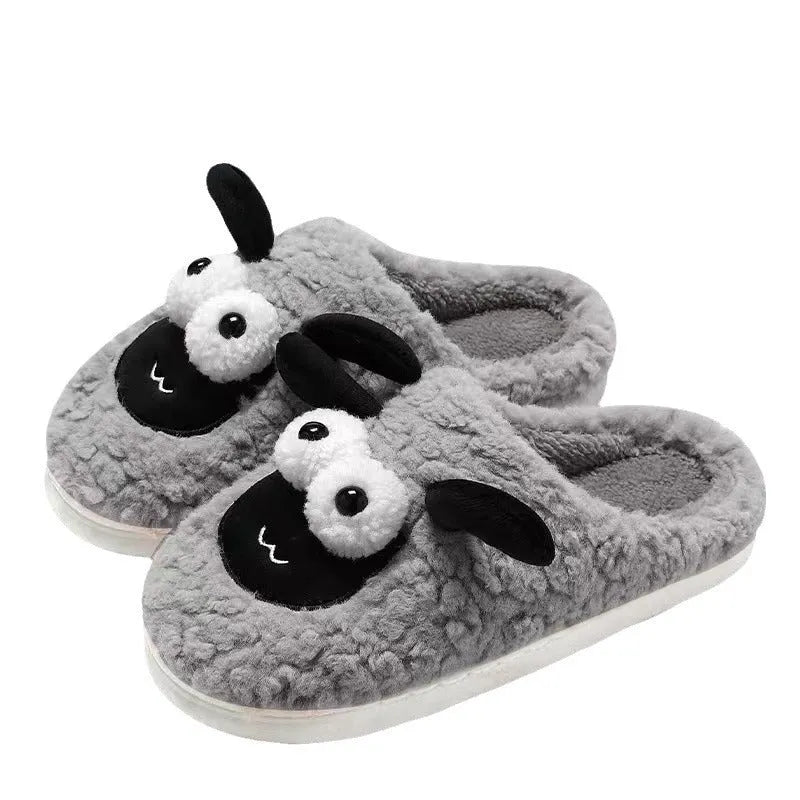 Brown thermal cotton suede slip-on slippers with sewn sole on wooden floor