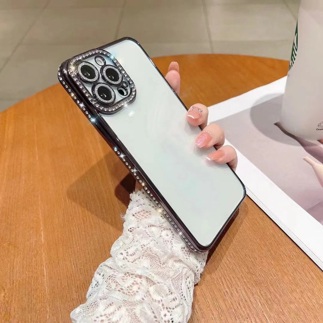 Luxurious rhinestone mobile phone case for iPhone in rose gold, all-inclusive TPU silica gel design