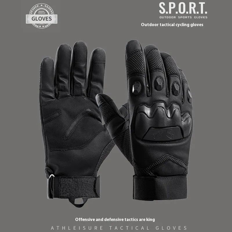 Men's black tactical full finger gloves with touch screen fingertips on a hand