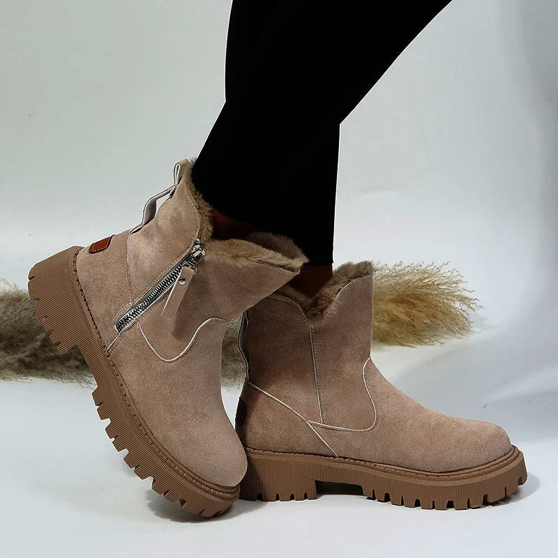 Women's black faux suede snow boots with high top, square heel, and side zipper closure