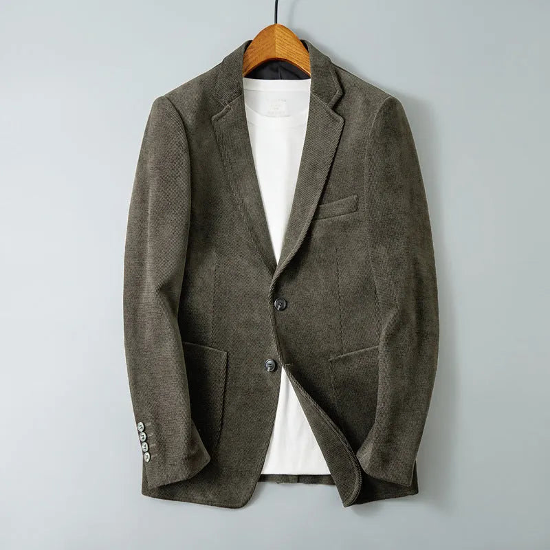 Slim-fit single-breasted Korean style jacket in khaki with straight hem and long sleeves