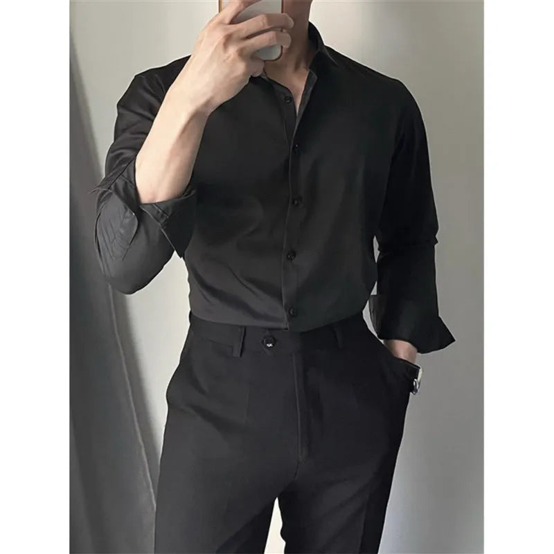 Men's spring summer slim fit solid colour leisure shirt in cardigan style, black colour option, on a model
