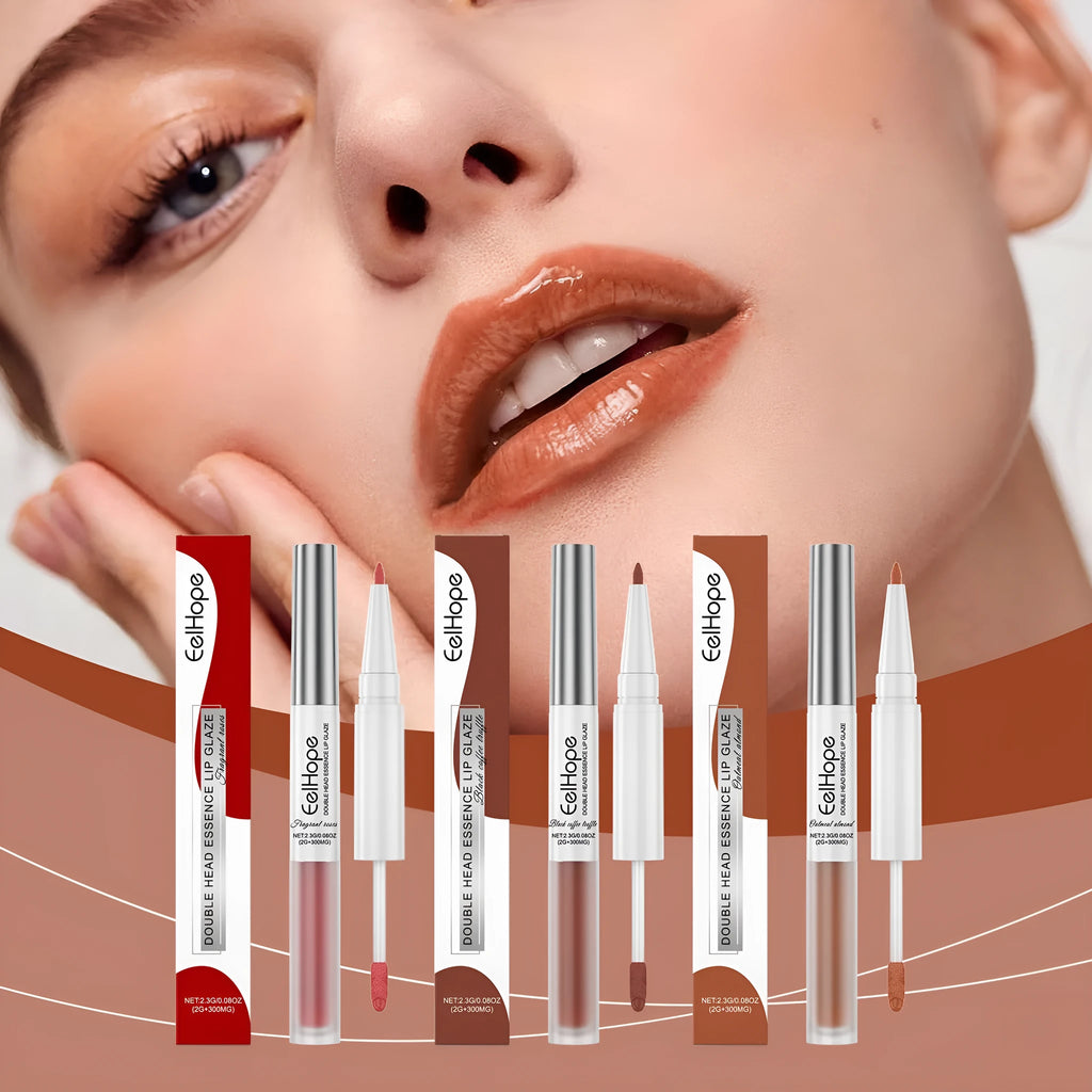 Double-headed lip liner and lip lacquer pen in Black Coffee Truffle shade showing both applicator ends