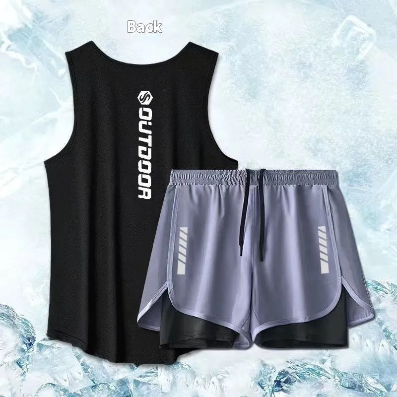 Men's sleeveless sports suit with lyocell fibre top and short skirt in black, white, and grey two-piece options
