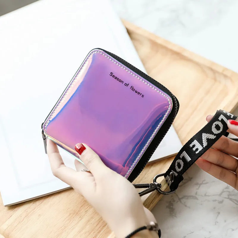 Short square bifold women's wallet in PU leather, shown in Magic Nail Glitter, Crystal Blue, and Symphony Green colours.