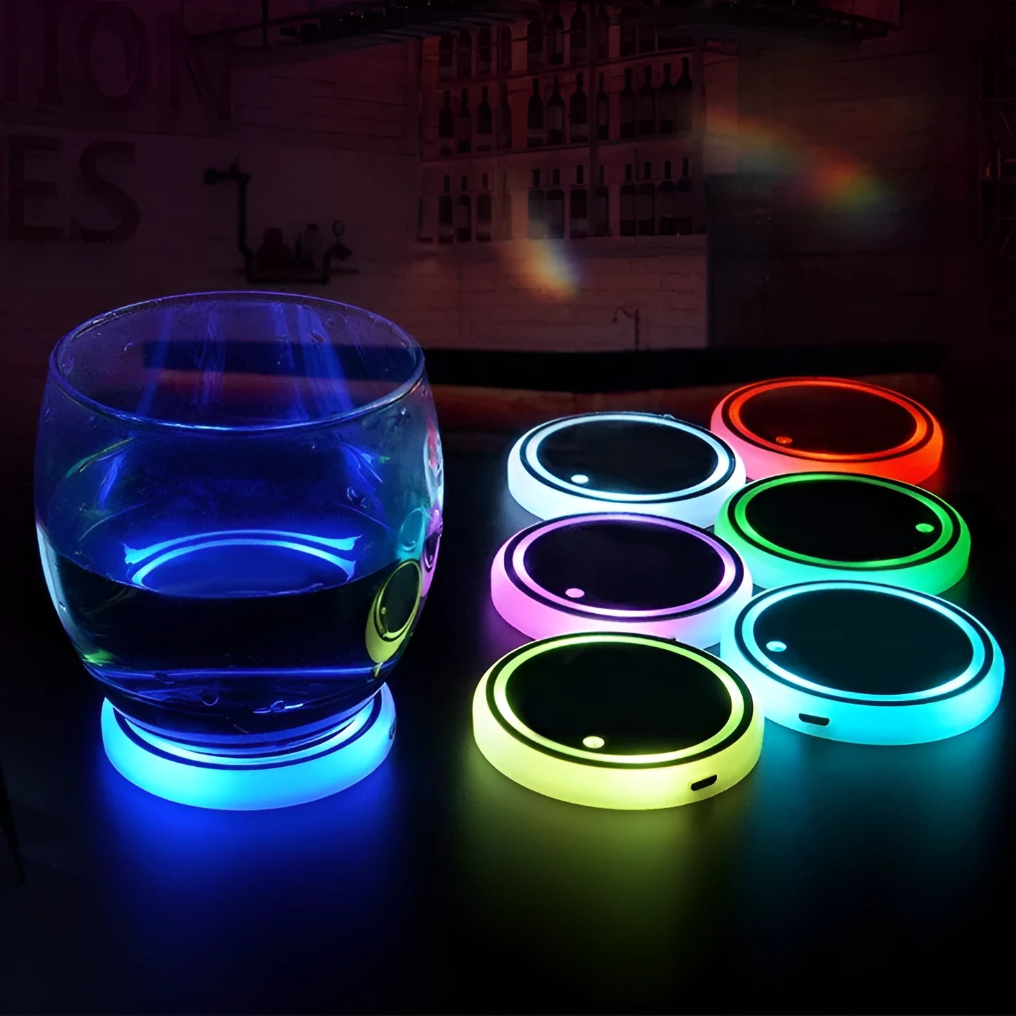 Colourful LED light-up coaster for car cup holder with solar panel and USB port.