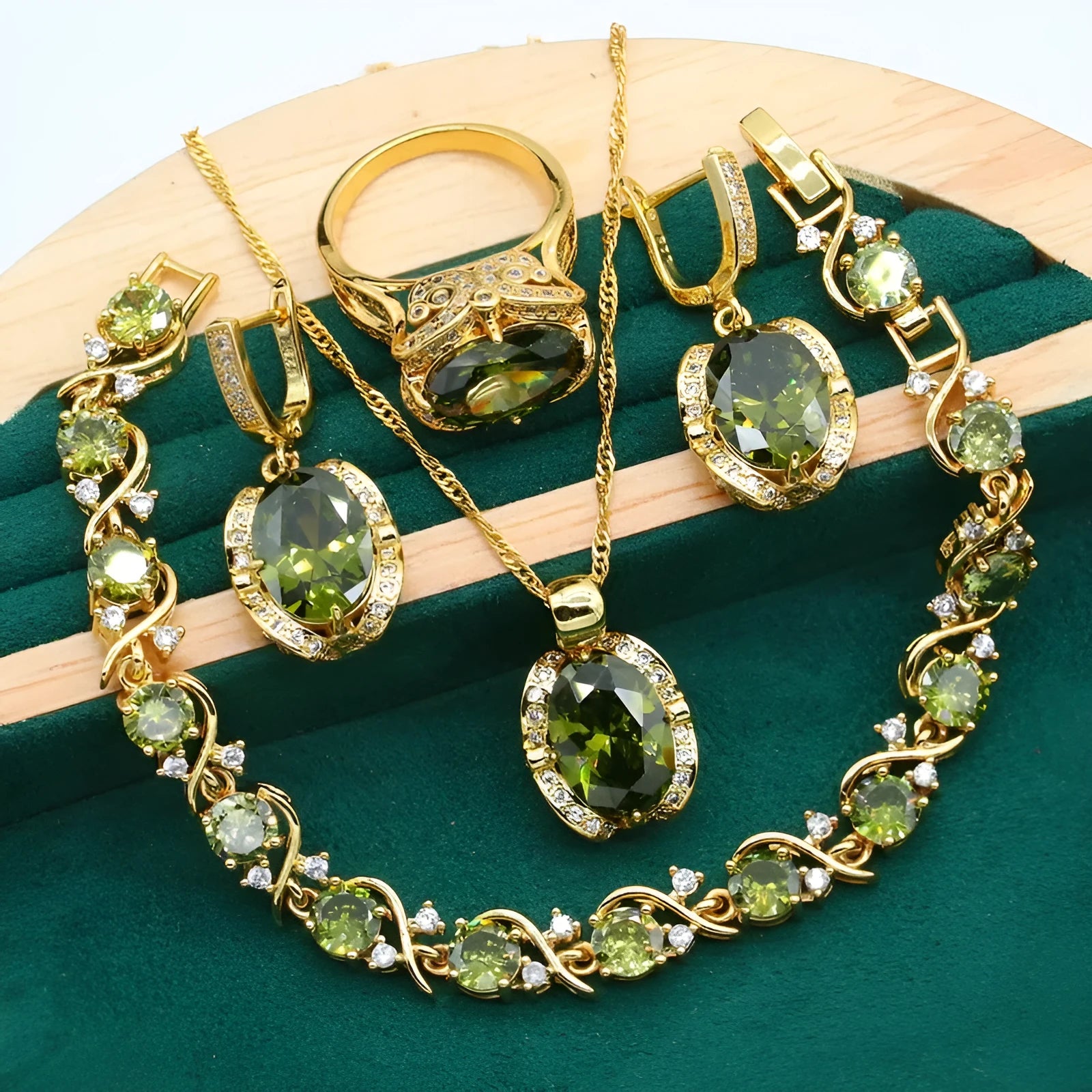 Women's full rhinestone zircon jewellery set with snake bone chain necklace, earrings and ring in olive green or red colour