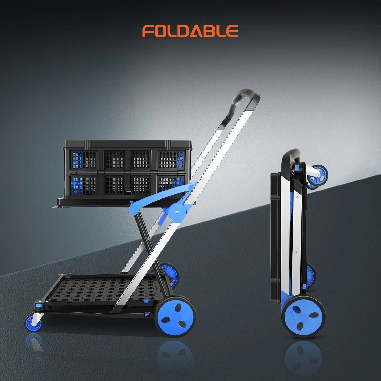 Foldable plastic shopping cart with twin baskets in blue, purple, pink, and red colour options