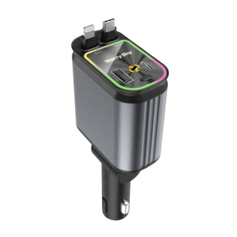 120W four-in-one telescopic car charger with starry sky spotlight and 80cm retractable cable