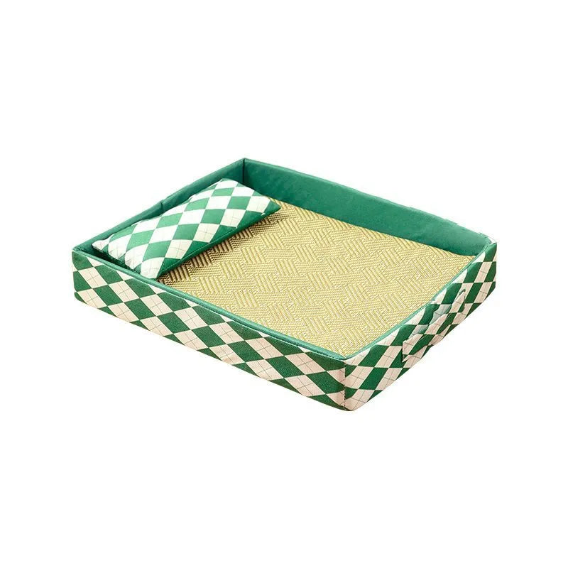 Blue rattan cat litter mat bed with integrated fabric cushion, shown in a large size.