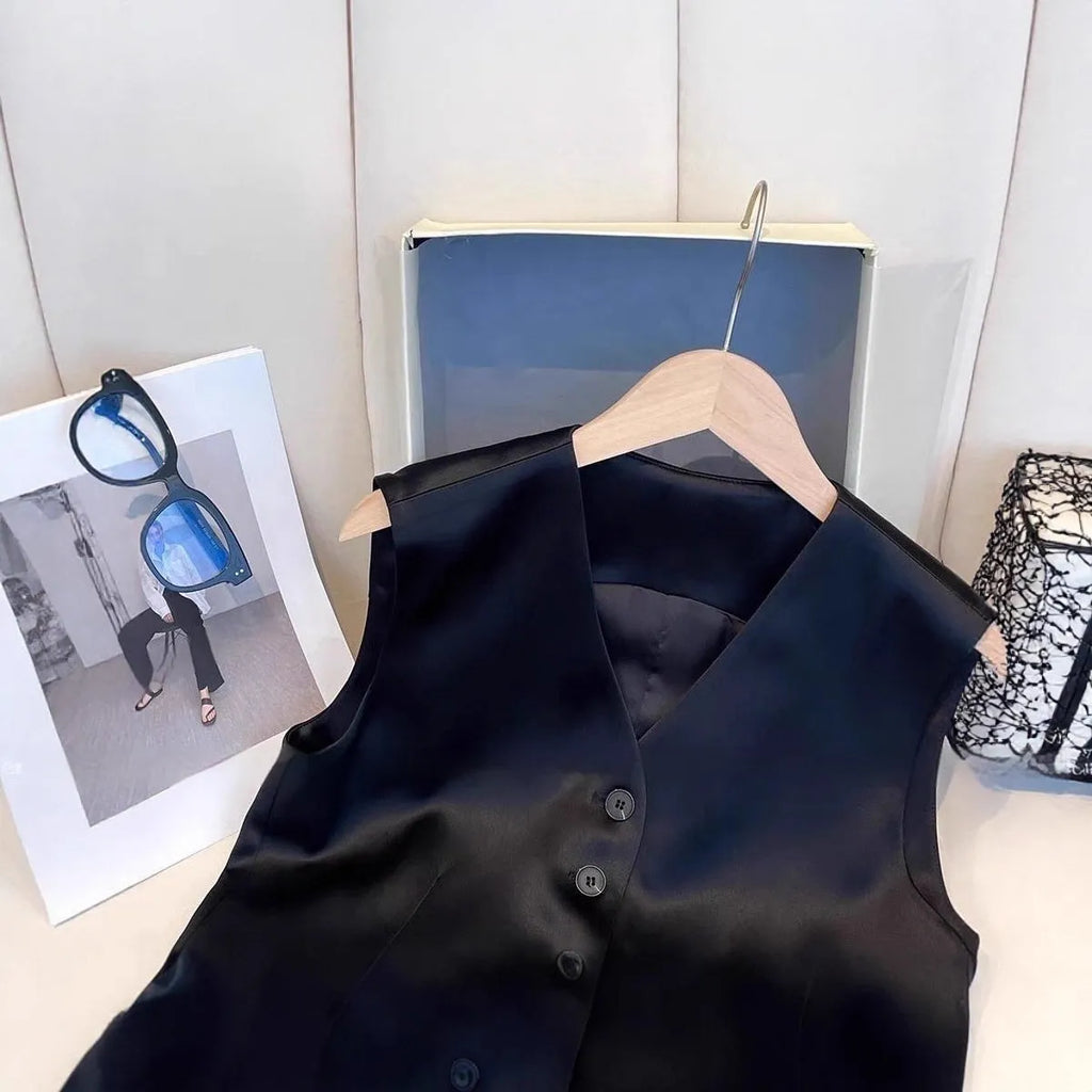 Black sleeveless satin vest for women on a hanger, showing loose fit and normal length.