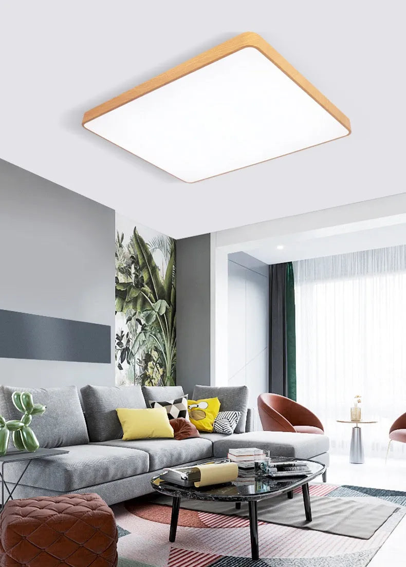 Square Nordic LED wall light with wood grain finish showing three size options and dimmable lighting features