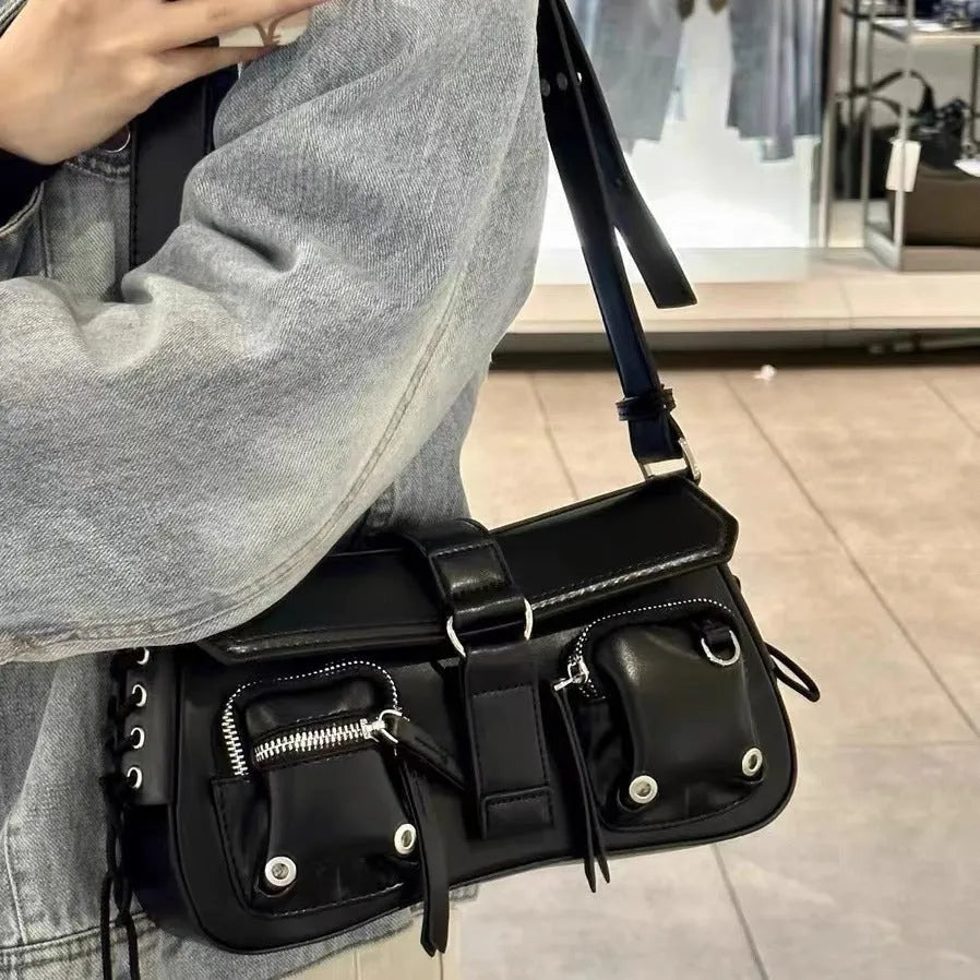 Black PU women's underarm baguette messenger bag with adjustable shoulder strap