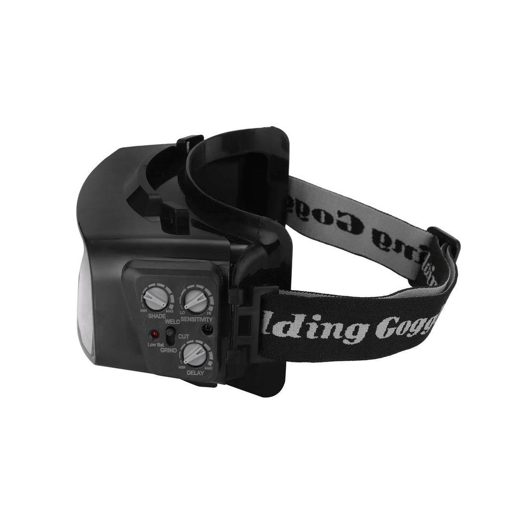 Black automatic darkening welding mask with wide rectangular lens and headband.
