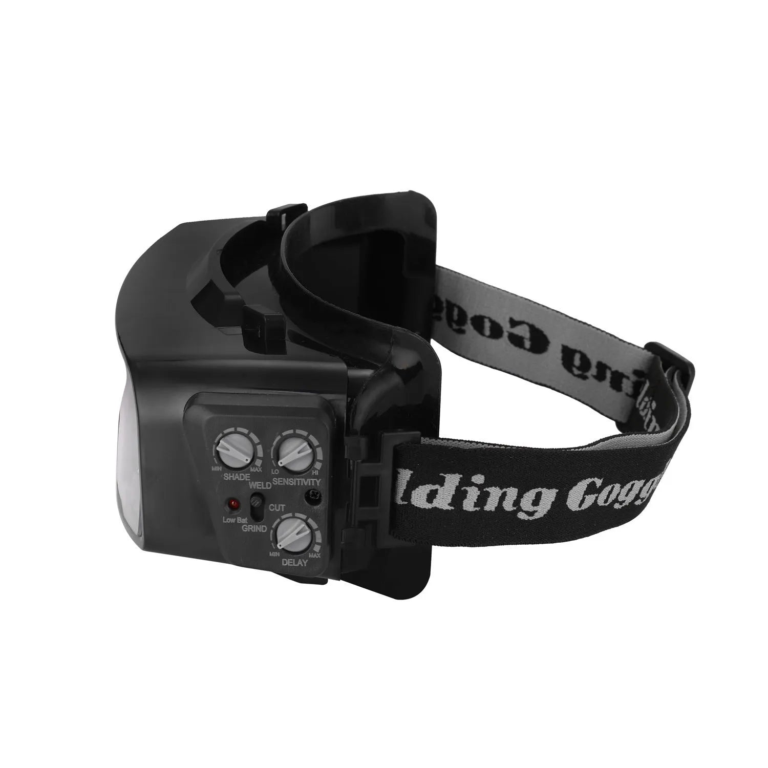 Black automatic darkening welding mask with wide rectangular lens and headband.