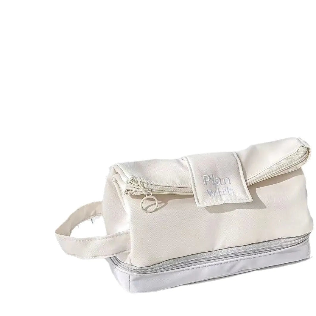 Folding double layer student pencil case in dark blue, blue, and cream white colours.