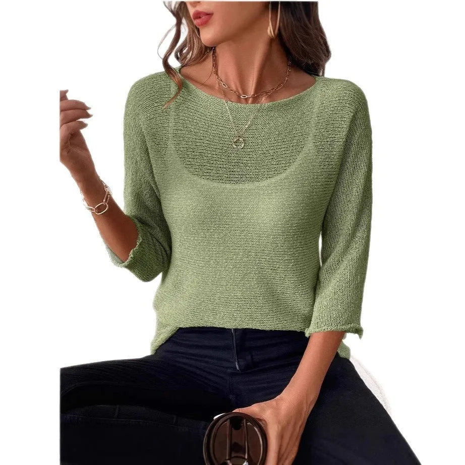 Women's off-shoulder knitted top in thin polyester with 3D pattern and 3/4 sleeves