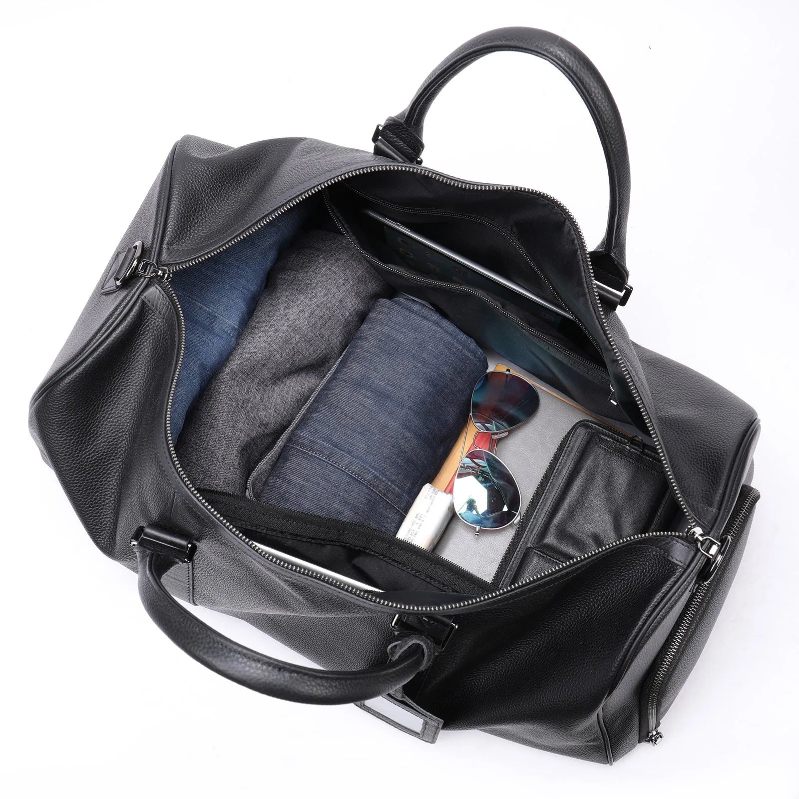 Men's black leather excursion tote bag with single strap