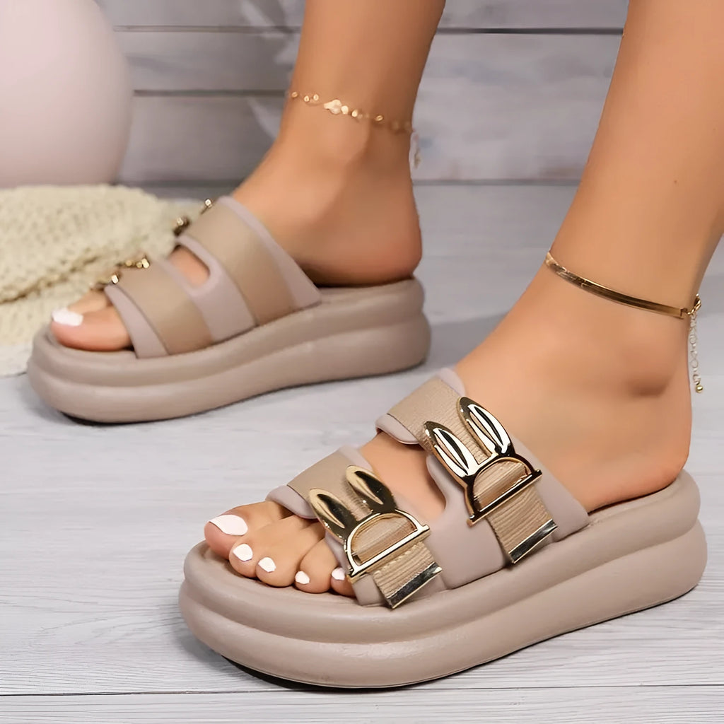 Women's suede slippers with thick rubber sole in apricot, black, and milky white colours