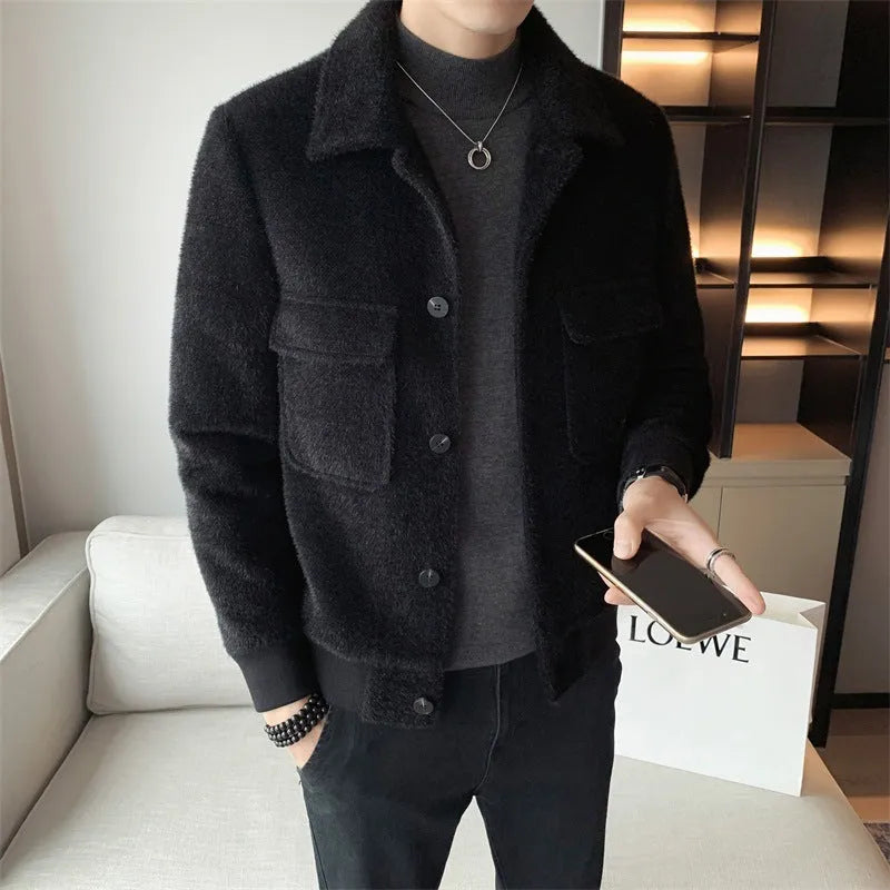 Golden mink velvet lapel fur coat in solid colour with bag cover seam pockets, available in black and yellow, sizes M to XXXL