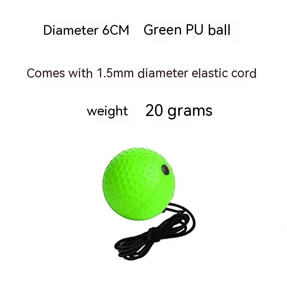 Head-mounted boxing reaction training ball with adjustable headband and choice of red, green, or yellow soft balls.