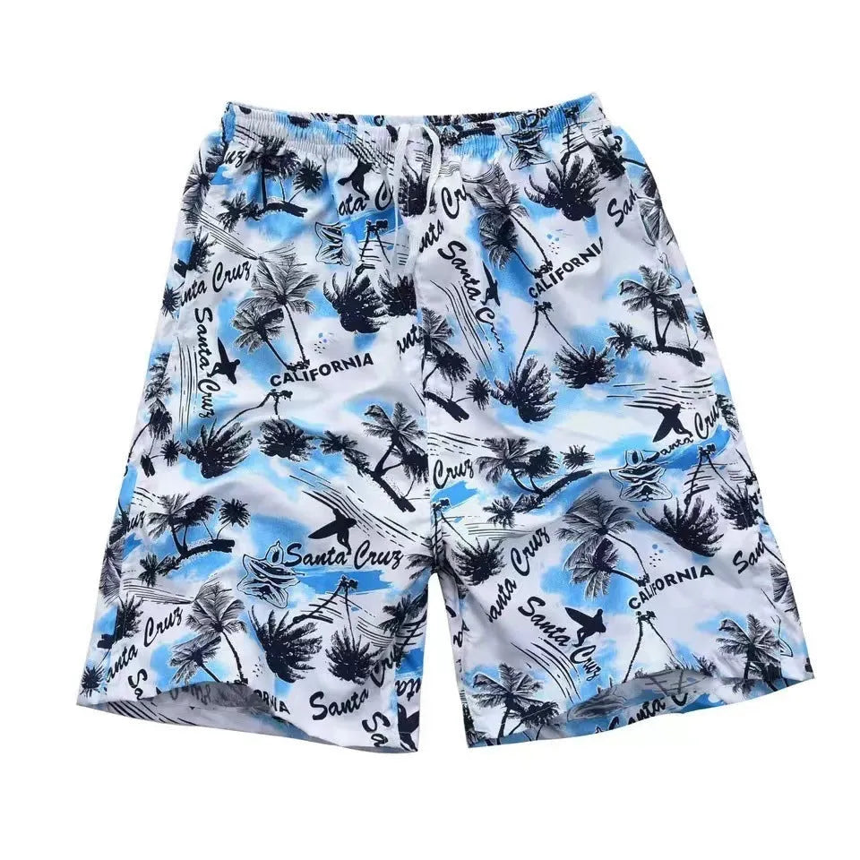 Men's floral print swimming trunks with five-point casual design in polyester fabric