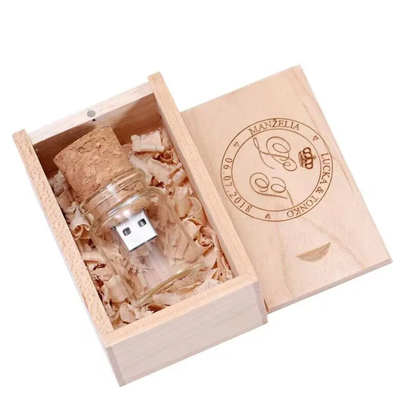 Wooden wish bottle shaped USB flash drive in transparent colour, showing scale.