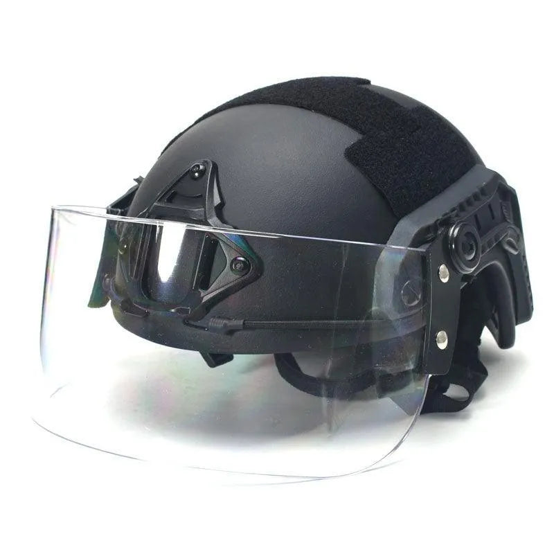 Transparent PC plastic sports helmet mask with a guide rail, shown in a clear colour.
