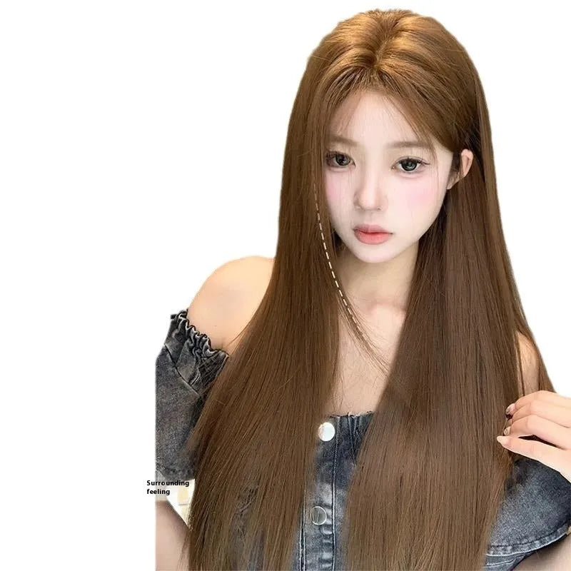 Warm brown synthetic lace front wig with centre part and long straight hair with side bangs