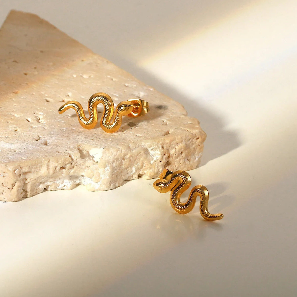 Gold snake stud earrings for women, 18K gold plated stainless steel, INS style, 1 pair