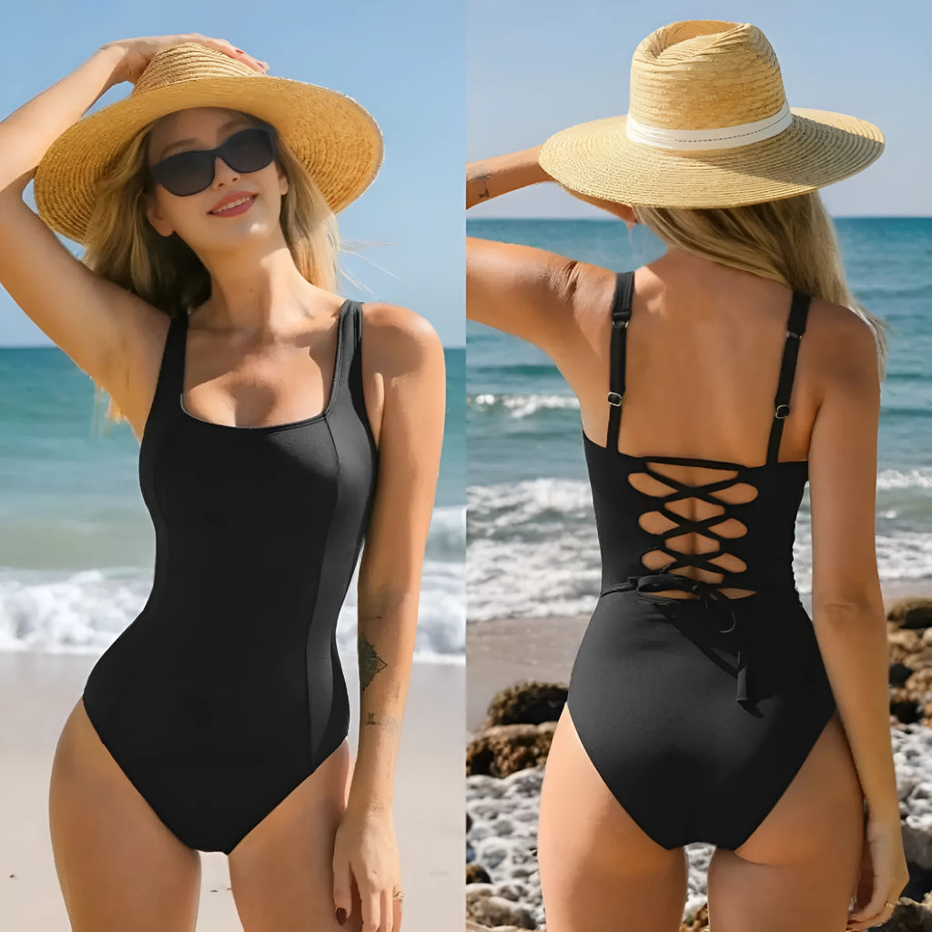 Sports women's one-piece black swimsuit with built-in chest pad, sleeveless briefs style